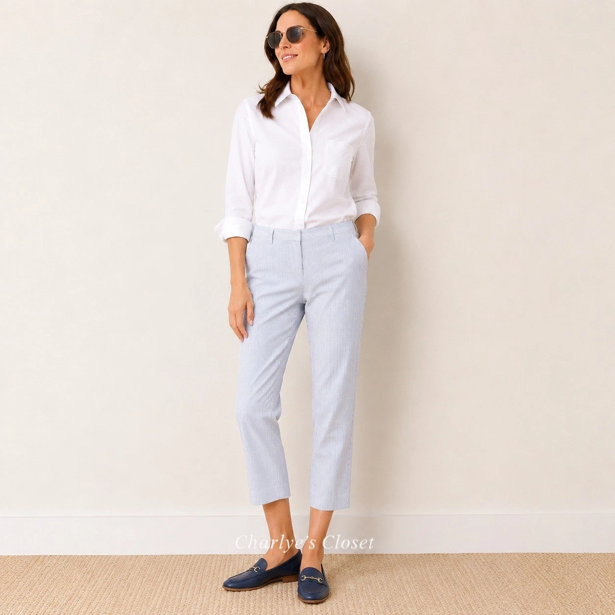 Ann Taylor Pinstripe Capri Trousers 14 Cropped Ankle Coffee Run Office Preppy