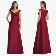 Alfred Sung Size 4 Burgundy D811S Off Shoulder Satin Maxi Gown Cocktail Dress