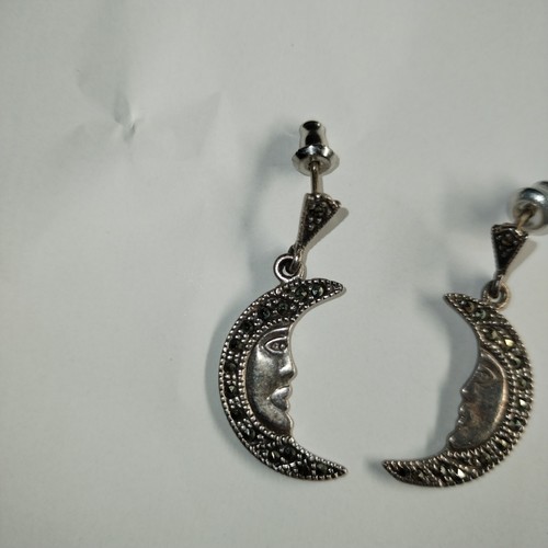 Vtg Estate Sterling Silver Crescent Moon Man Earrings Marcasite Dangle Celestial - Picture 5 of 11