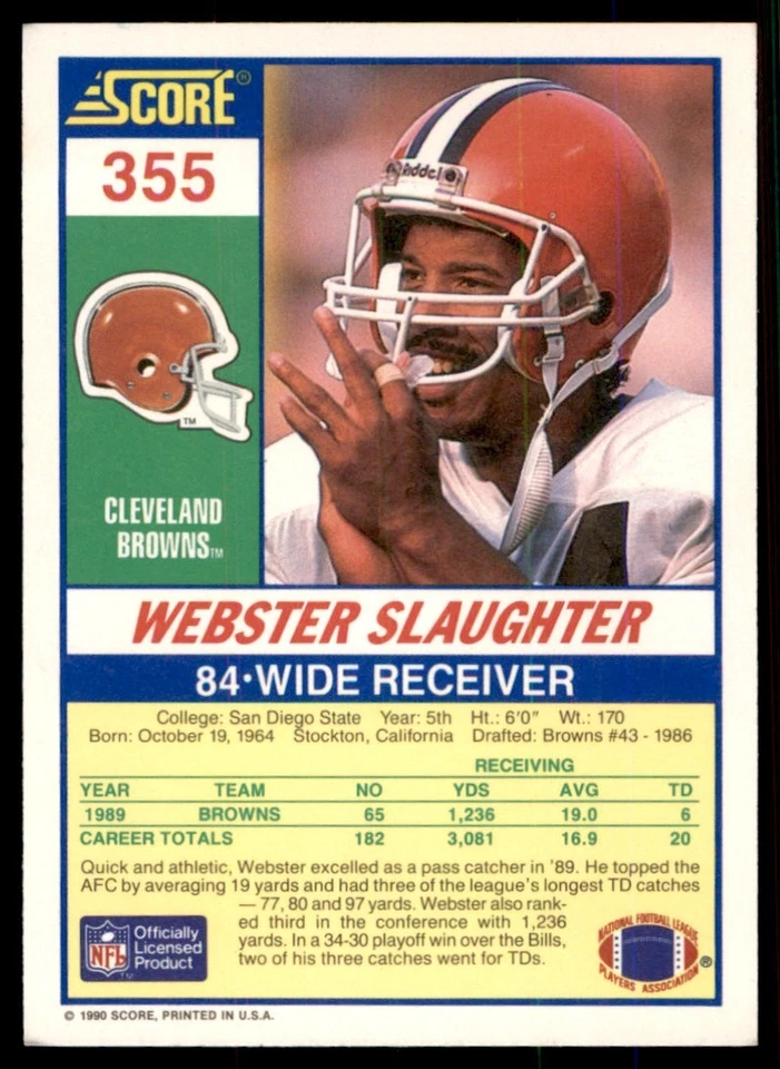 1990 Score Webster Slaughter Cleveland Browns #355 - Image 2 of 2