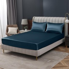 Deep Sea Blue Satin Fitted Sheet King Size Fitted Bed Sheet Deep Pocket Fitte...