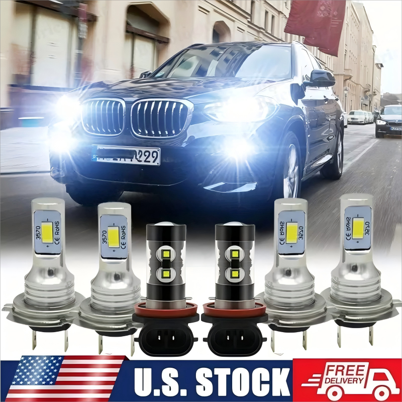 For BMW X3 2004 2005-2014 LED Headlight Hi/Lo + Fog Light Bulbs Combo Kit 6000K
