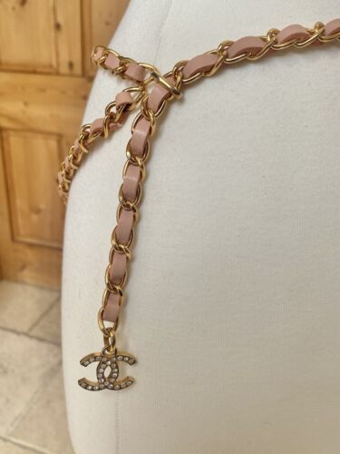 Chanel Rhinestone Eagle CC Logo Leather and Chain Belt or Necklace Pink & Gold - Picture 4 of 14