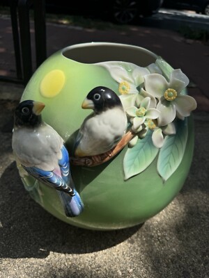 Franz Porcelain Large Globe Vase Pomelo & Hawfinch (Grosbeaks) green signed 