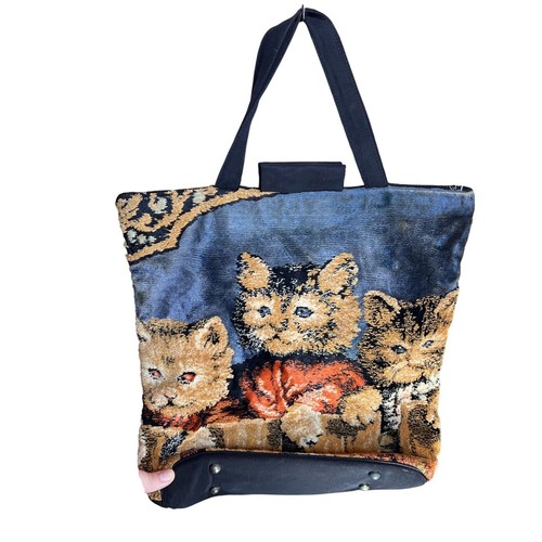 Vintage Tapestry Cat Design Handbag With Hinge Top Opening Inner & Outer Pockets - Picture 2 of 13