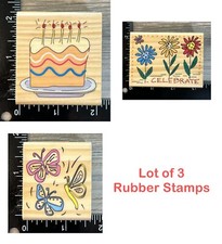 Lot of 3 Mounted Wood Rubber Stamps Birthday Cake Butterflies Flowers