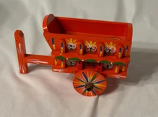 VTG Hand Painted Wood FOLK ART MINI OX Cart Wagon Red 9" Handcrafted 