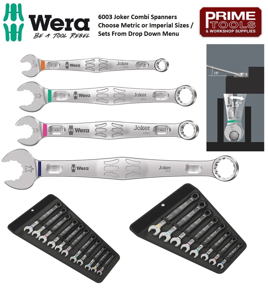 Wera 6003 JOKER Ring Combination Spanner Wrench All Sizes Sets Metric/Imperial