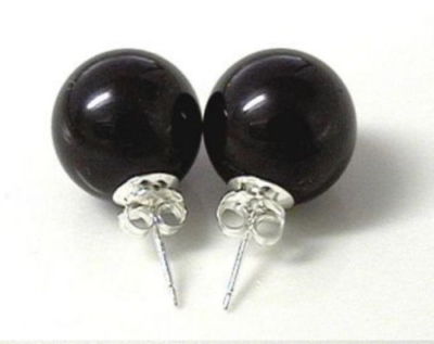 Pretty New Silver 10mm Genuine Natural Black Onyx Jade Agate Stud Earrings