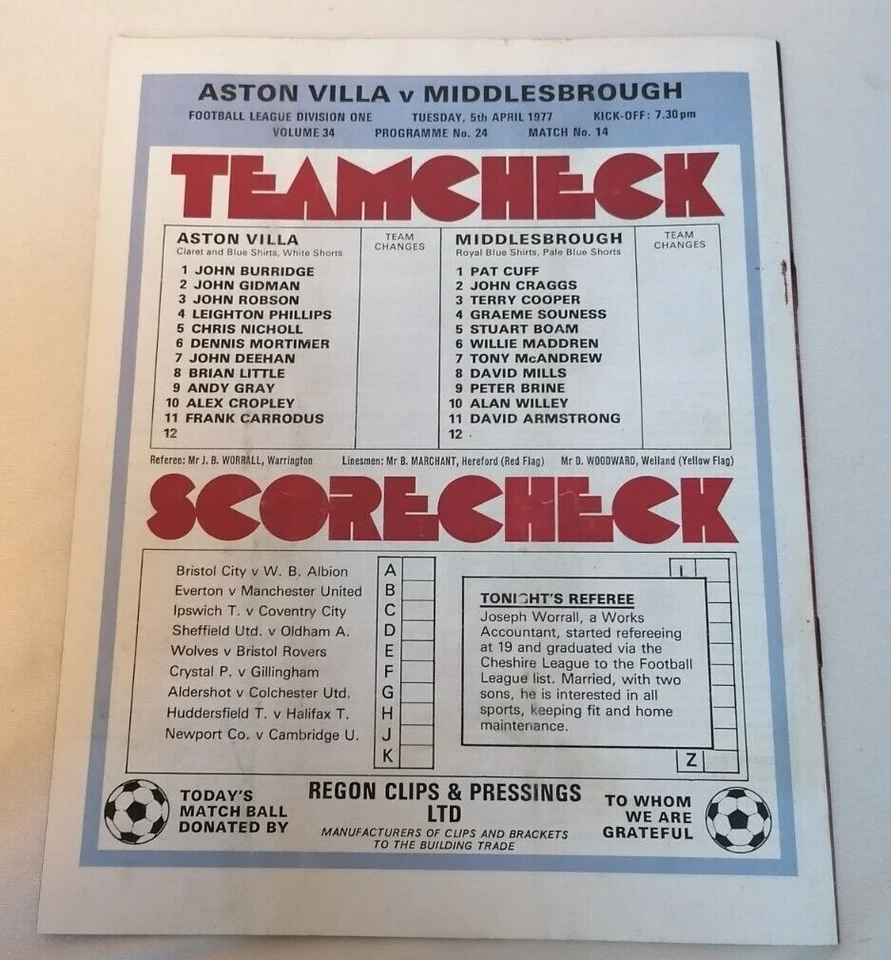 PROGRAMME - First Division Aston Villa Vs Middlesbrough Tues 5th April 1977 - Image 2 of 2