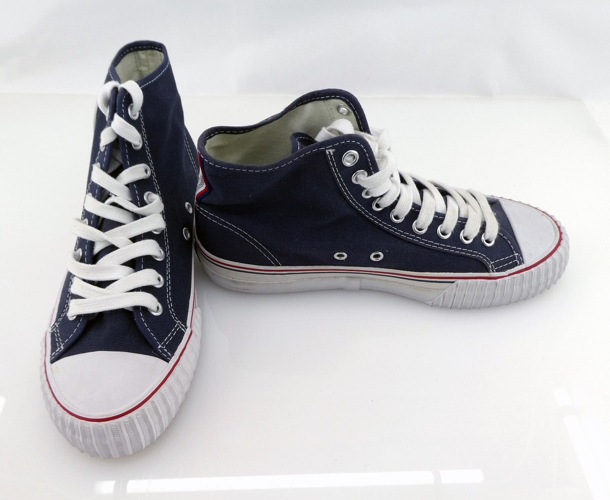 Navy blue PF Flyers Center Hi shoes showing the classic high-top design and proper fit