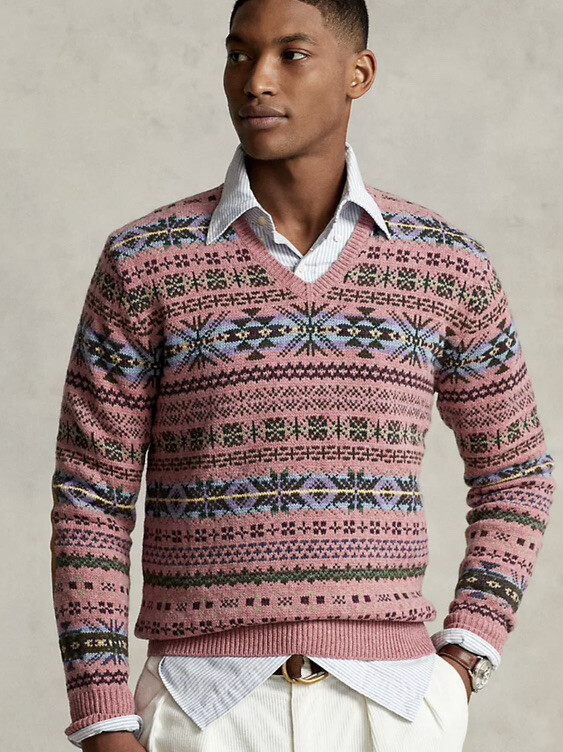 $398 Polo Ralph Lauren Small Fair Isle Sweater 3% Cashmere Pink RRL Rugby  Suede | eBay
