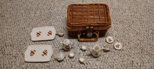 Vintage Mini Doll Cardinal Bird gold trim TEA SET Lefton Picnic Cup Plate Tray