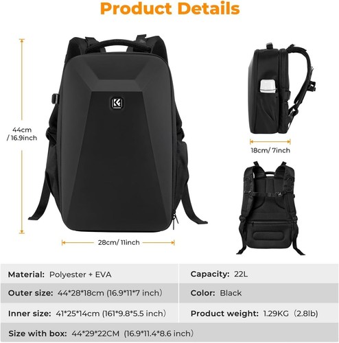 K&F Concept 22L Camera Backpack Hard Shell Professional Photography Camera Bag - Picture 8 of 8