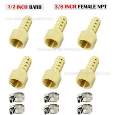 (6 Pack) 1/2" Hose Barb X 3/8" FEMALE NPT Brass Pipe Fitting NPT Thread +Clamp