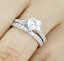 2PC Heart 925 Sterling Silver Wedding Band CZ Engagement Rings Set Sz 3-15 S1348