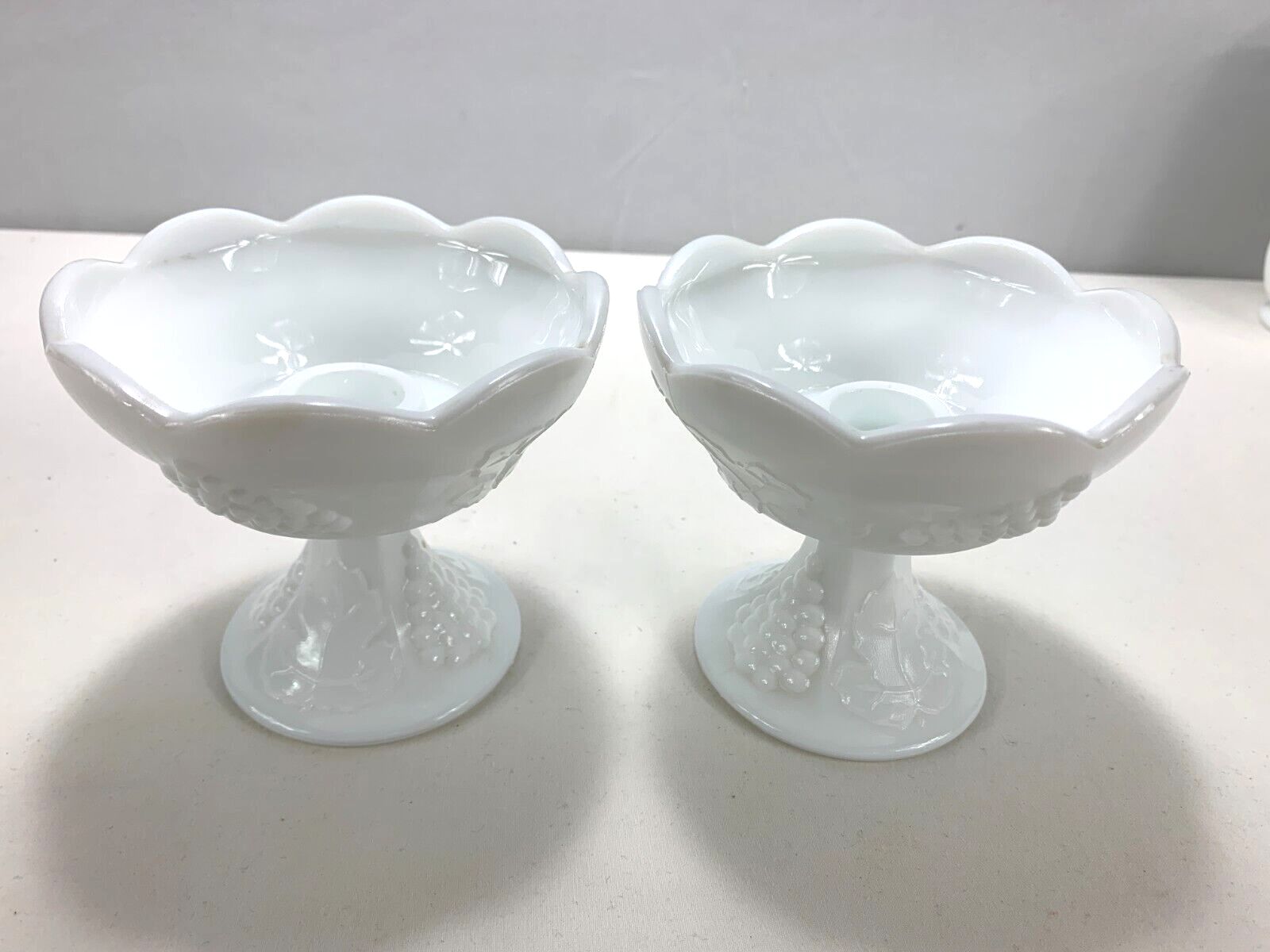 2 VTG Indiana Colony White Milk Glass Harvest Grape Candle Holder Candle Sticks