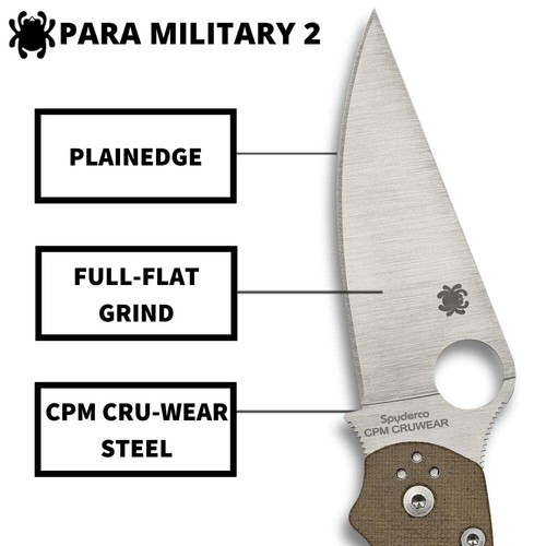 Spyderco Para Military 2 Brn Manijas Micarta, CPM Cru-Wear Hoja de Acero, C81MPCW2 - Imagen 4 de 5