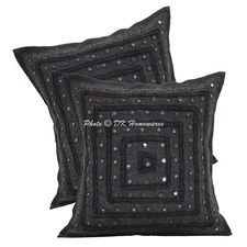 Cotton Throw Pillow Covers Ethnic Embroidered Lace Mirrored Set Of 2 Pillowcase