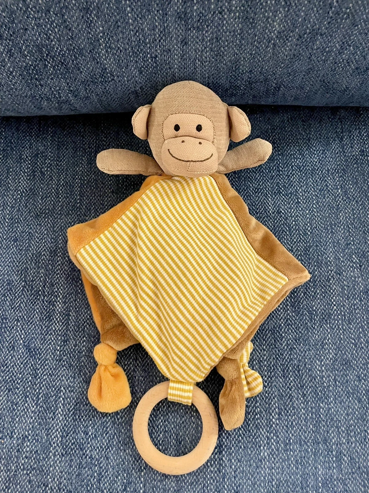Creative Co-Op Monkey Lovey Security Blanket Wooden Teething Ring