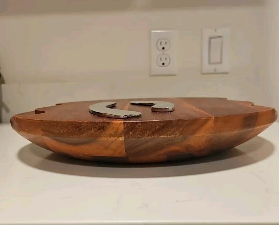 Nambé 15 Inch Round Wood Serving Tray With Silver Utensils - Image 2 of 4