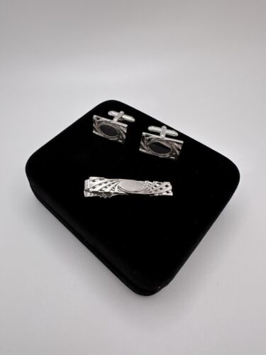 Vintage Sterling Silver Anson Ornate Cufflinks 2.1cm And Tie Clip