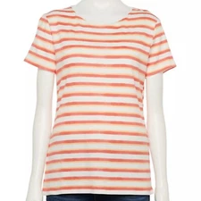 Women's Croft & Barrow Essential Crewneck Tee Top Orange Coral Stripe M