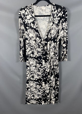 East UK 14 Black and White Jersey Fixed Wrap Dress 3/4 Sleeve Floral Stretc