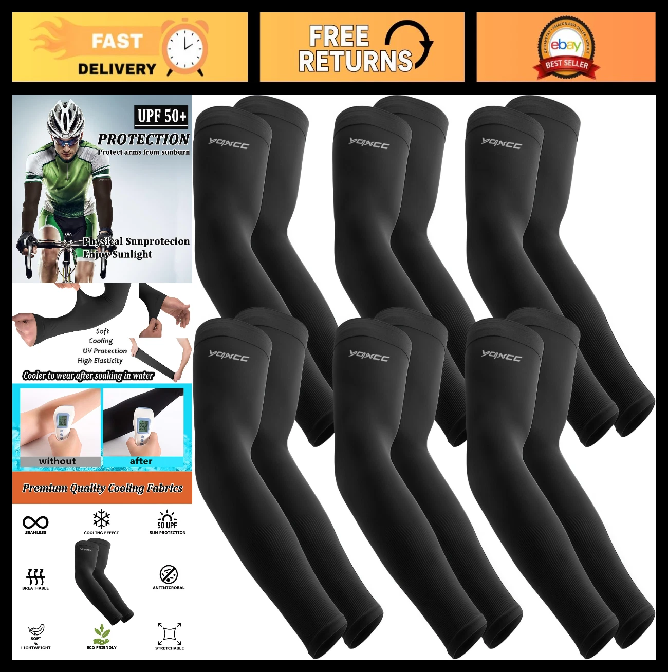 6 Pairs UV Protection Arm Sleeves, UPF 50 Cooling Compression Covers for Sports