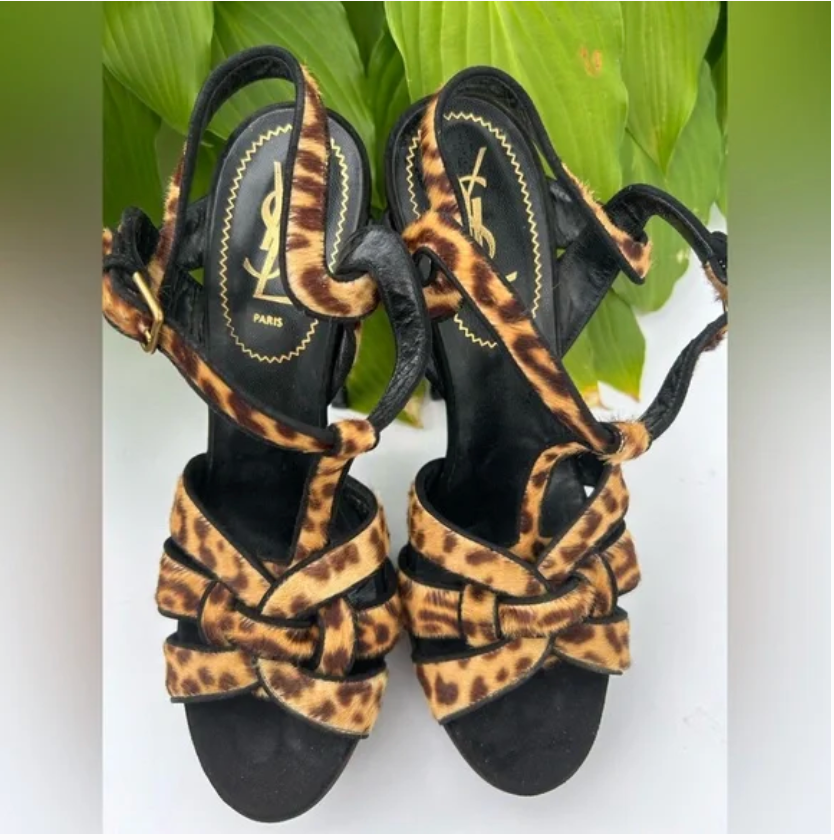 Sandali omaggio Yves Saint Laurent YSL pelo di vitello tacco alto animale 39 US 8 5