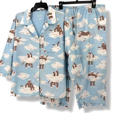 Nick & Nora Ruffle Sock Monkey Pajamas Set Women's Sz XL Blue Clouds 100% Cotton