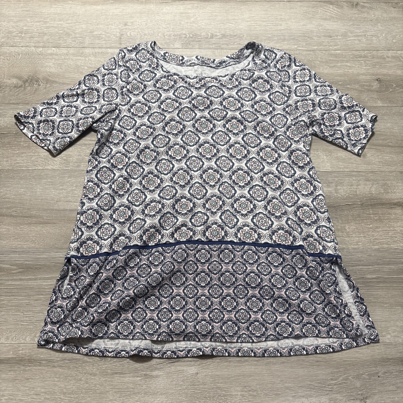 J Jill Pima Cotton Scoop Neck Elbow Sleeve Tunic Top Womens Small Floral