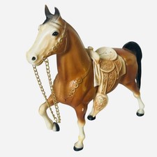 Vintage SW Molded Plastic Horse with Saddle Gold Bridle 8  Hong Kong 2155