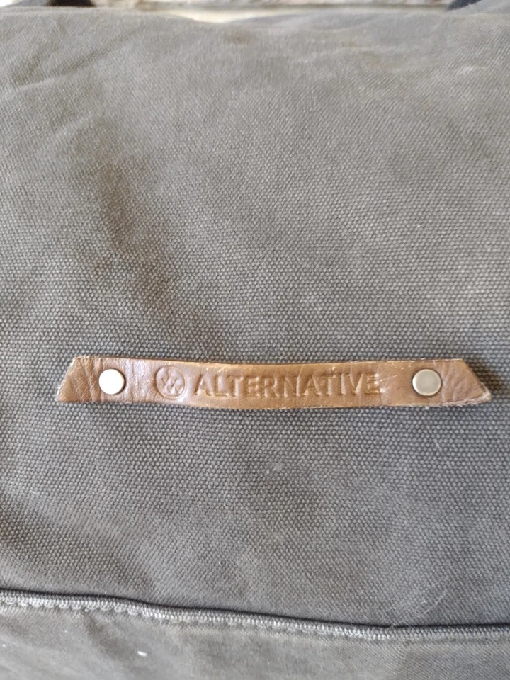 Alternative Canvas Duffel Bag Army Green Leather Trim Pinstripe Interior - Image 4 of 4