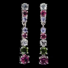 925 Sterling Silver Earrings Round Rhodolite Tanzanite Natural Gemstone Jewelry