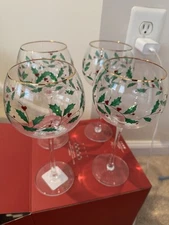 Lenox Christmas Wine Glasses Holiday Balloon Set of 4 Holly Berry Design 14 Oz