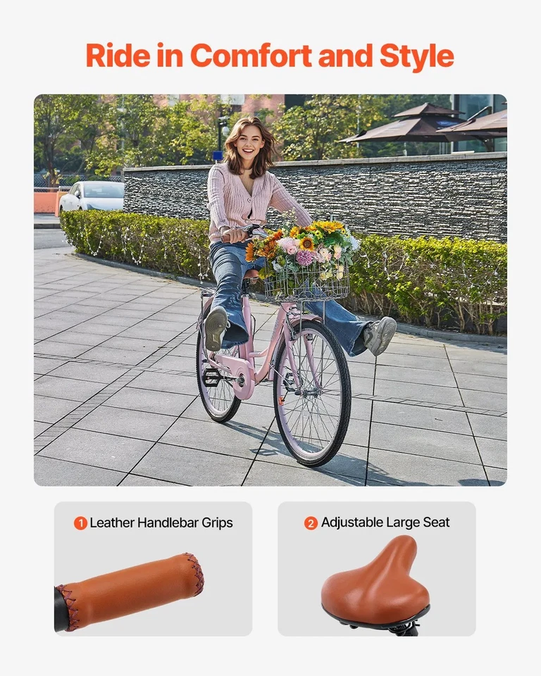 Круизер велосипед, 1-скоростной, 26-дюймовый розовый пляжный круизер велосипед с большой емкости Baske - Изображение 2 из 2