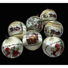 Vintage Silk Christmas Ornaments Balls Scenes Set of 7 Currier & Ives and Santa
