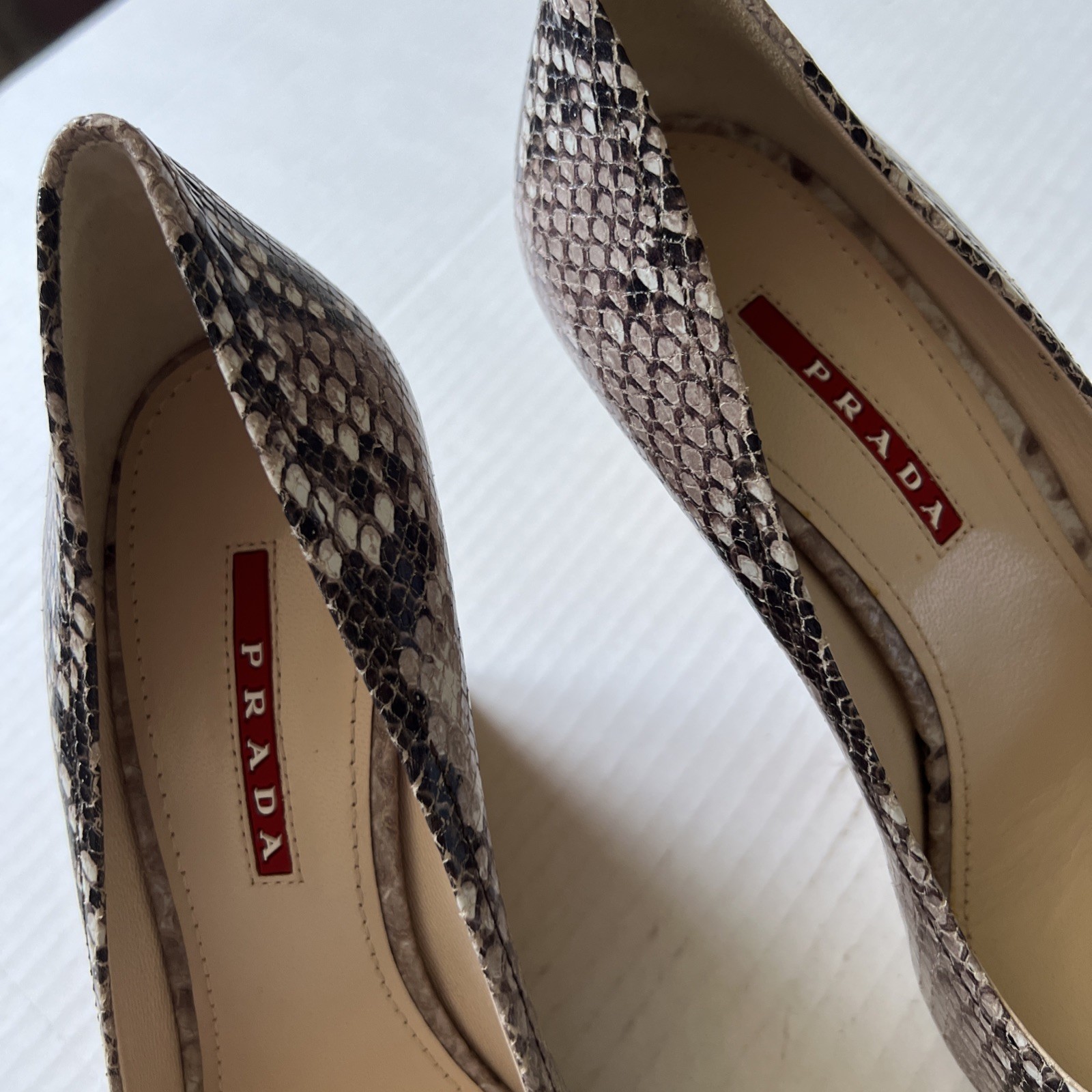 Prada  7-7.5 Bow Leather Cork Wedge Peep Toe Pumps Snake Print NWB thumbnail 3