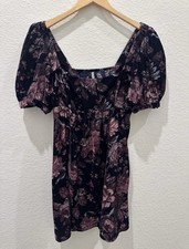 Urban Outfitters Velvet Floral Babydoll Mini Dress Puff Sleeve Cottagecore Sz L