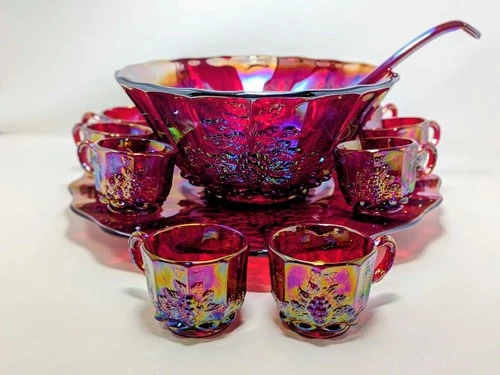 Vtg MOSSER GLASS Red Carnival Grape Panel Pattern PUNCH BOWL SET 8 Cups & Ladle
