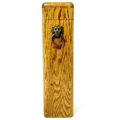 Vintage Solid Oak Fireplace Match Holder Box Brass Lion Head Ring Striker 12.5 