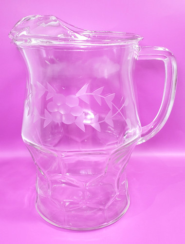Vintage Clear Glass Ice Tea Pitcher Etched Flower Upper Honeycomb Lower Ice Lip