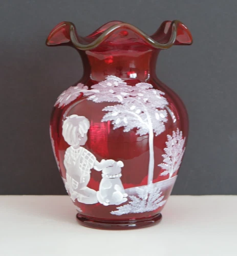 Fenton Cranberry Vase "Good Boy" Mary Gregory Style # 1236/2350 Signed: K Easton