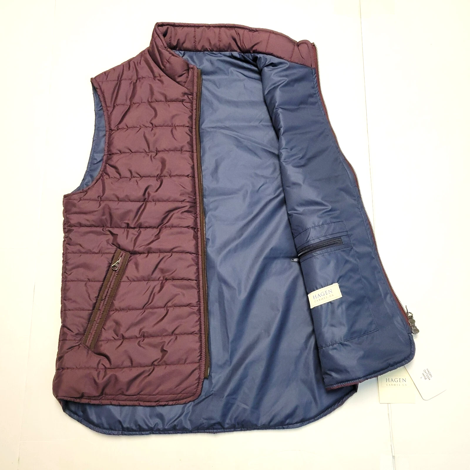 New HAGEN CARMEL Quilted Tech Vest Full Zip Men's LARGE L Wine Red Puffer Pocket