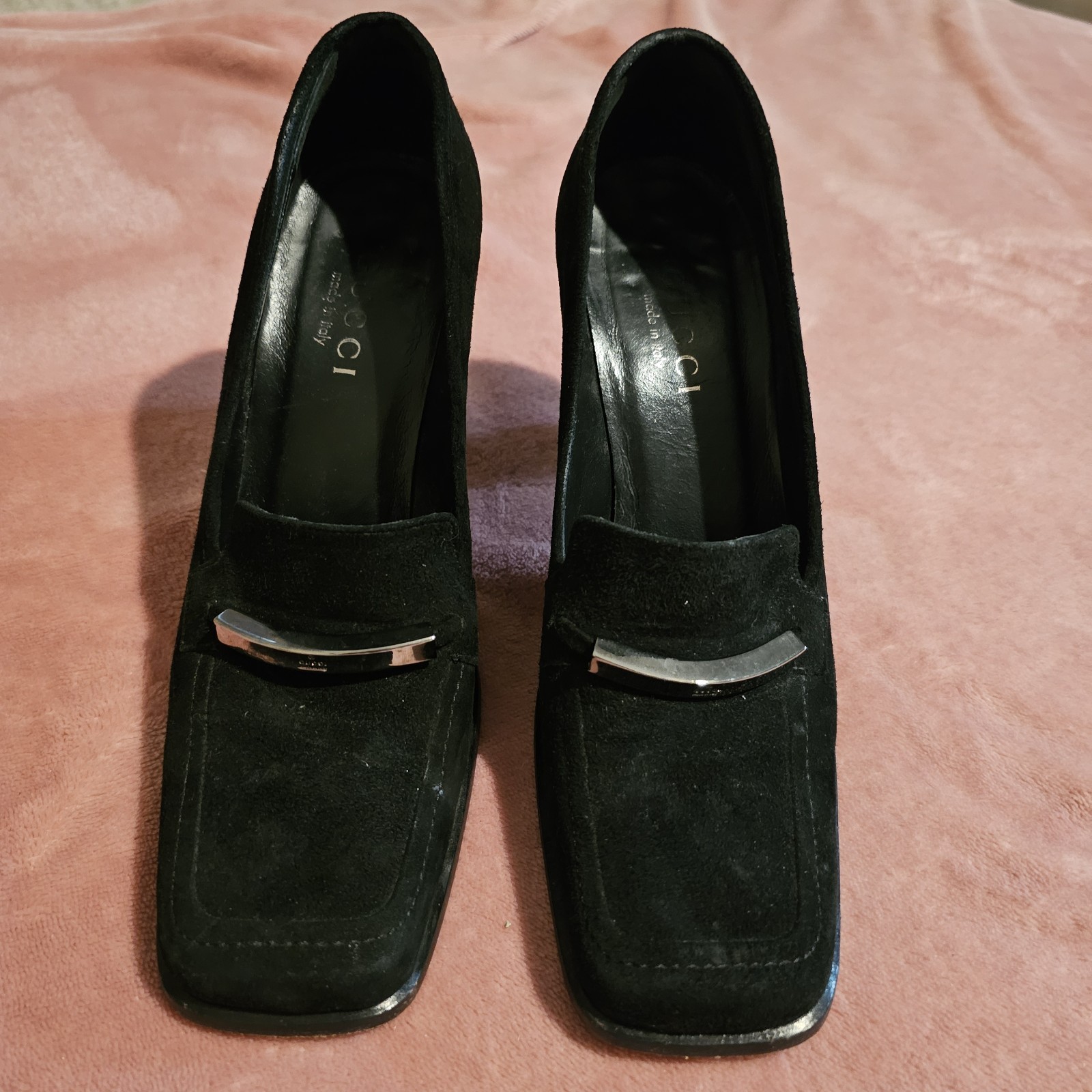 Authentic Gucci Black Leather Heels Size 7 Medium Women's Luxury Shoes