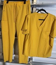 Mandala 2 Pc Womens Scrub Set Sz Large Mustard  V-Neck 1 Top & 1 Pant Inseam 31&rdquo;