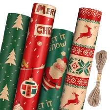Wrapping Paper Jumbo Rolls, Holiday Gift Kraft Wrap Paper for Kids Adults, 4 ...