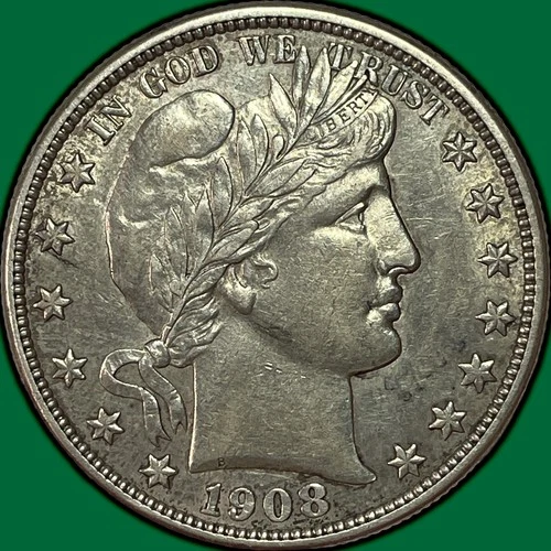 1908-O Barber Half Dollar Almost Uncirculated AU+ Coin, Old Cleaning #36673