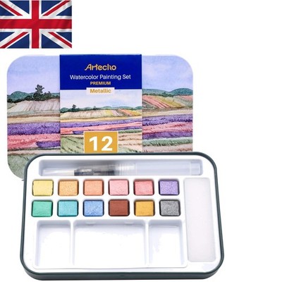 12 Metallic Farben Aquarellfarben Set mit tragbarem Wasserpinselstift & Schwamm